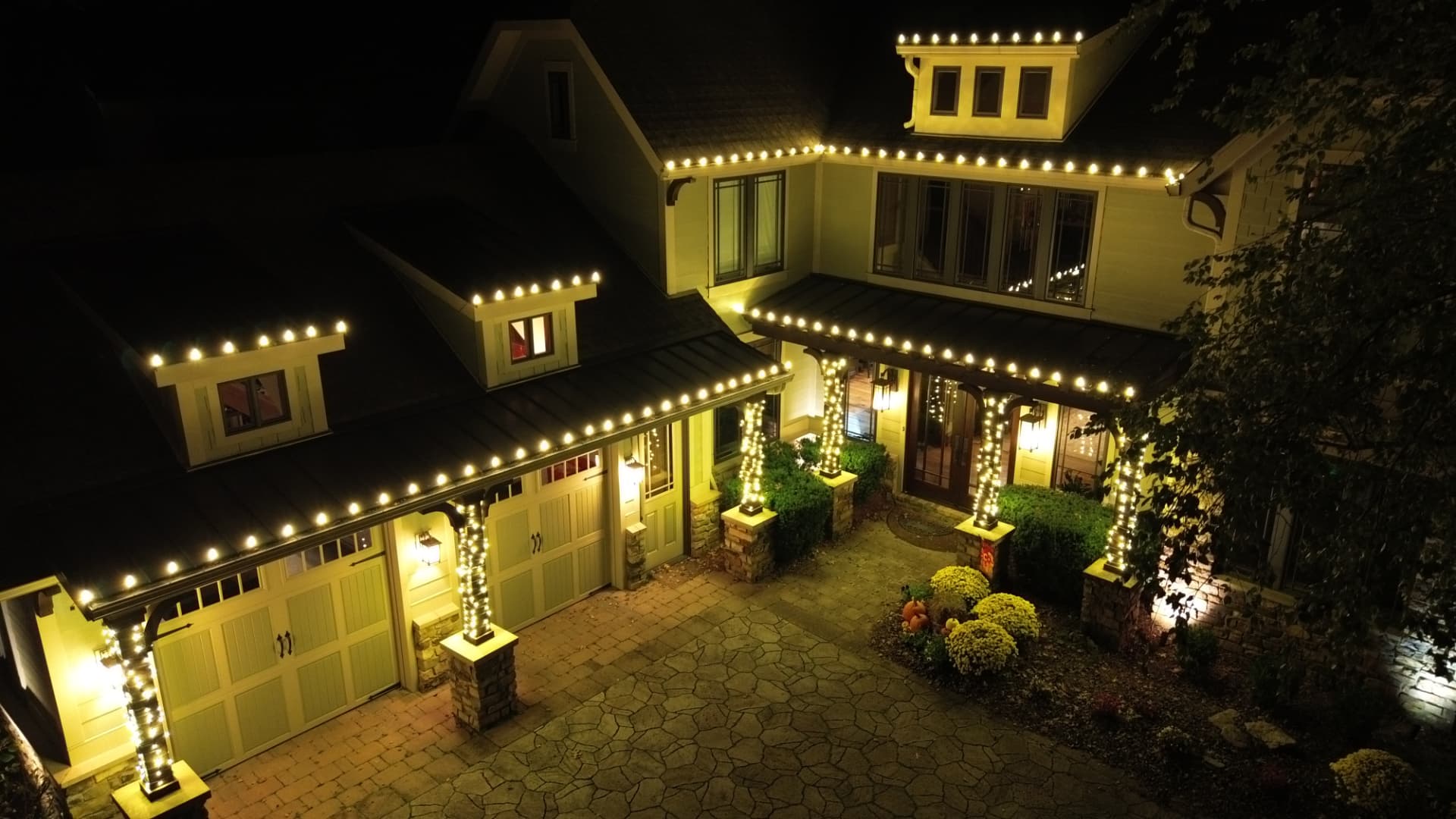 Aerial view — roofline, columns & trees